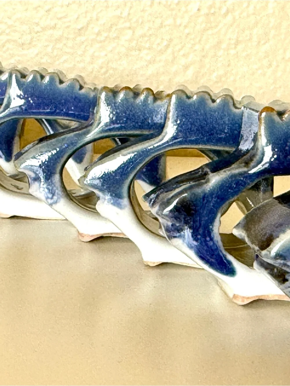 Vintage Blue White Ceramic Fish Napkin Rings Set of 8 Coastal Nautical Decor